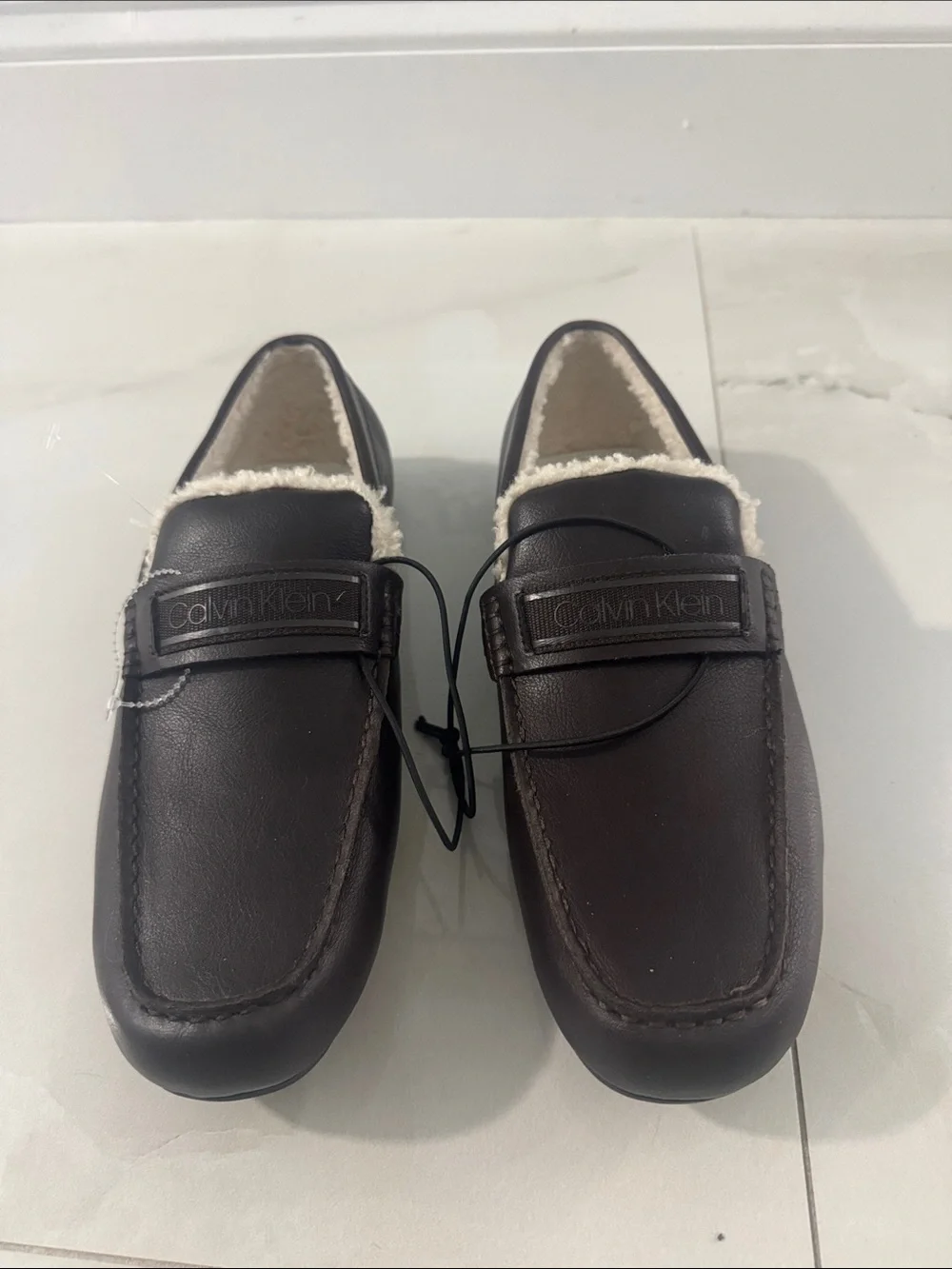 Calvin Klein Men’s Dark Brown Leather Shearling-Lined Slip-Ons